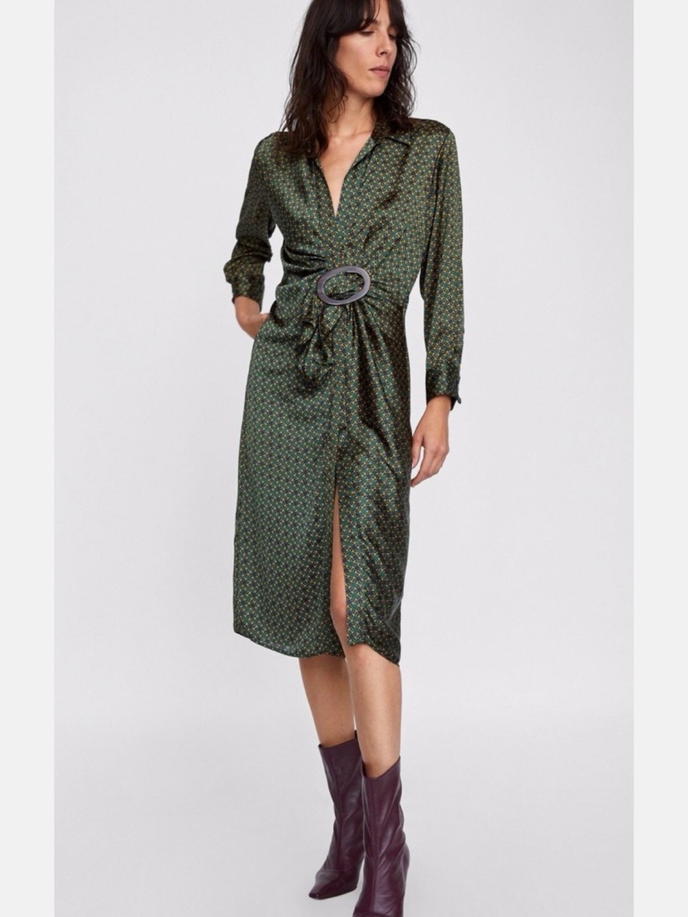 Zara Olive Green Printed Long-Sleeve Midi Dress with Front Ring